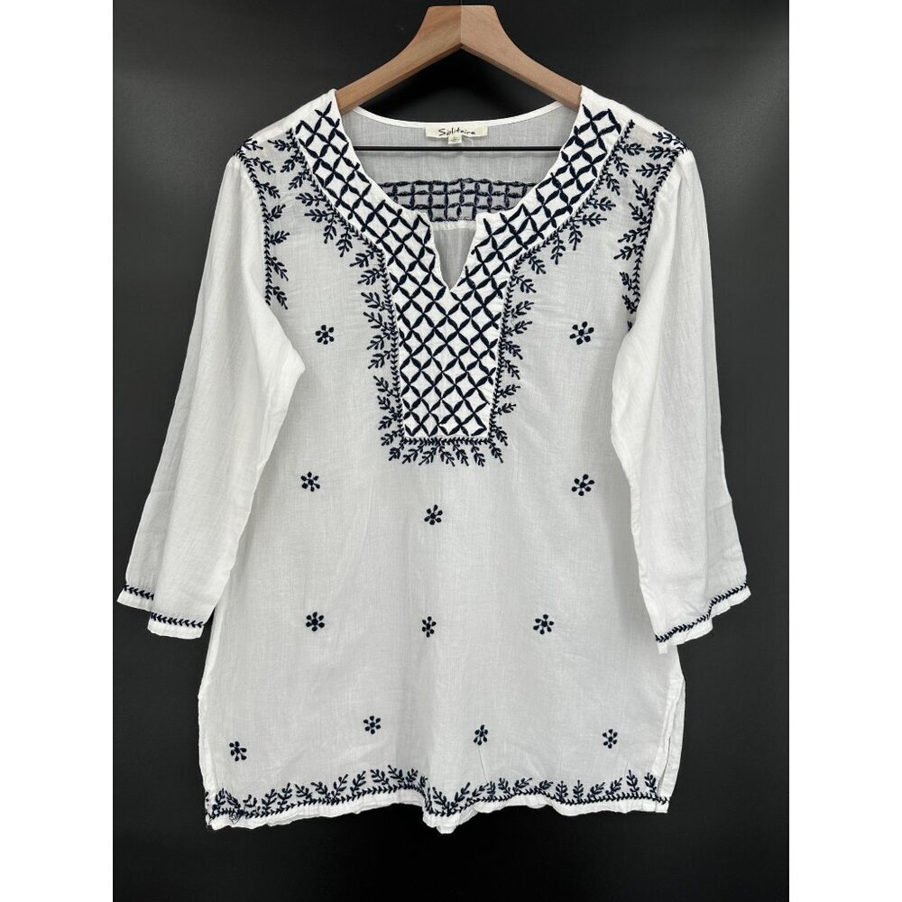 Solitaire Floral Embroidered Cotton Shirt Women Large White 3/4 Sleeve V-Neck